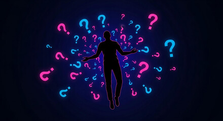 Enigmatic Silhouette Surrounded by Glowing Question Marks