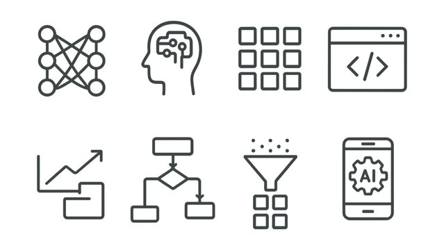 Line style icons of AI programming: neural net layers, machine learning model, training dataset icon, AI code symbol, prediction output, ML workflow, data preprocessing, AI-powered app.