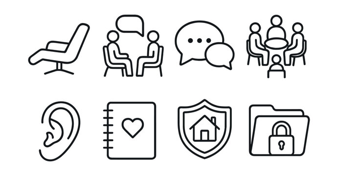 Line style icons of therapy and support: therapist chair, therapy session icon, counseling speech bubble, support group circle, listening ear, therapy journal, safe space badge, confidential file.