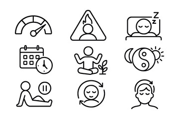 Line style icons of energy and rest balance: energy meter, burnout alert, power nap icon, scheduled break, wellness break icon, rest and recovery symbol, mindful pause, stress reset.