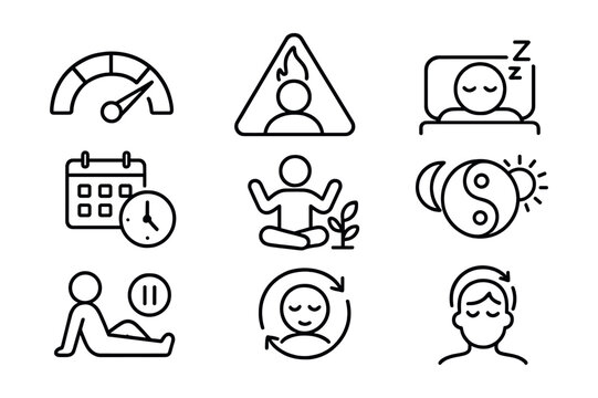 Line style icons of energy and rest balance: energy meter, burnout alert, power nap icon, scheduled break, wellness break icon, rest and recovery symbol, mindful pause, stress reset.