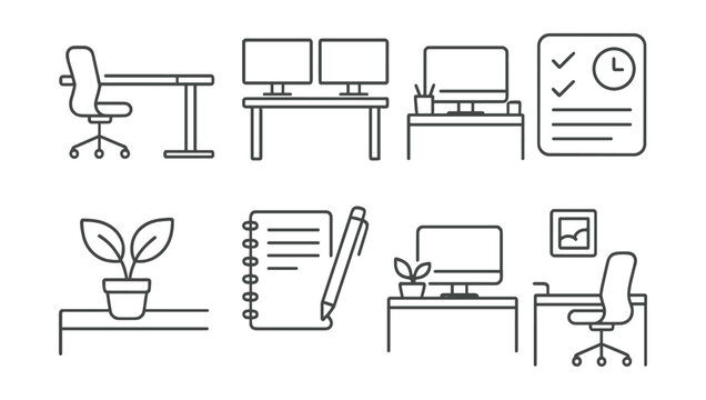 Line style icons of workspace setup: ergonomic desk, dual monitor, tidy workspace icon, time block card, plant on desk, notebook and pen, productivity space, calm working zone.