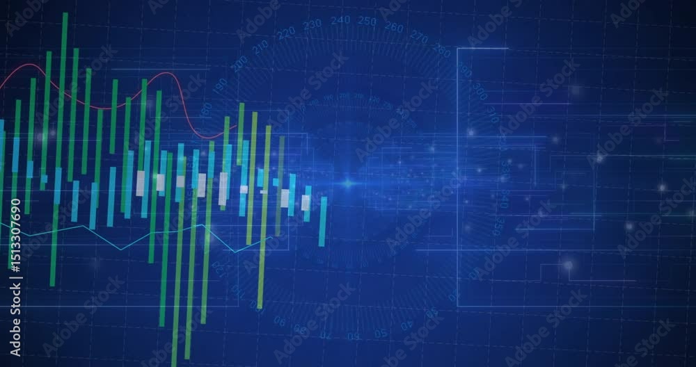 Poster receiving data feed, bars emerging and sliding with red line, visualizing real time data