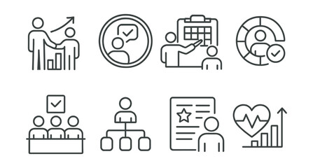 Line style icons of accountability and review: progress partner icon, coaching session badge, shared habit tracker, performance circle, joint review board, accountability chart, feedback reflection,