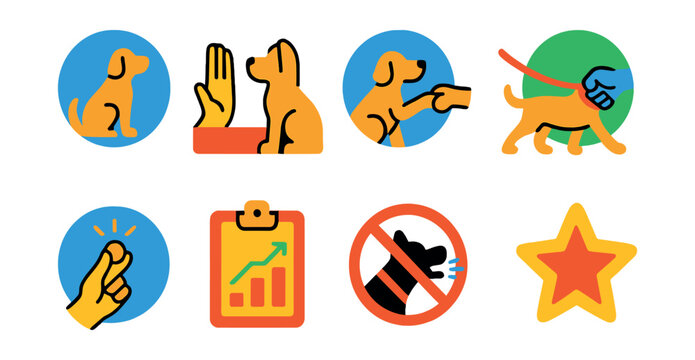 Flat vector icons of pet behavior and training cues: sit icon, stay command, paw shake, leash tug, treat signal, behavior chart, no barking sign, reward star.