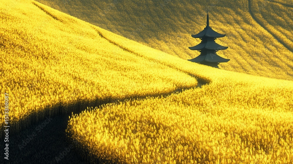 Poster pagoda structure stands in a golden field with a winding path.