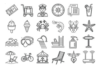 Naklejka premium Summer travel and vacation icons set isolated on white background
