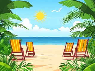 stylized Miami beach scene in clipart palm-lined walkway beach chairs set up sun high in sky flat and cheerful look