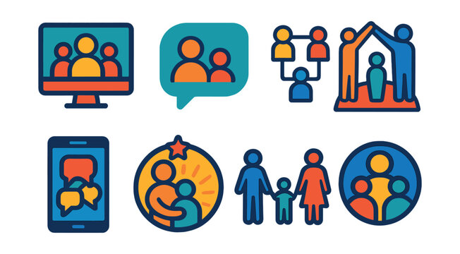 Flat vector icons of parenting communities: online group icon, parent forum, support network, parenting meetup, group chat, shared experience badge, family event, community logo.