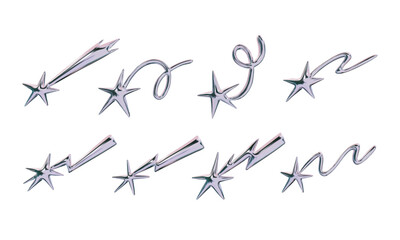 Glossy Chrome Star Trail and Motion Line. A stylish collection of eight abstract chrome elements including shooting stars lightning bolts spirals and wavy trails. Perfect for digital stickers