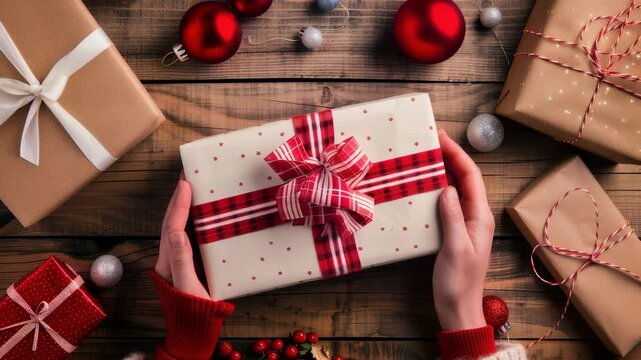 Festive holiday gifts are prepared with care. A hand holds a gift wrapped in paper with a red plaid bow, surrounded by other wrapped presents and ornaments. 