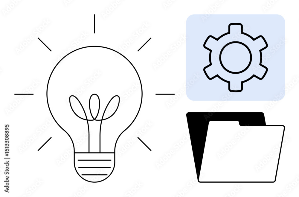 Poster lightbulb symbolizing ideas, gear representing settings or processes, and a file folder for organiza