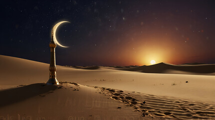 Arabic Islamic Calligraphy of Wish (Dua) Allahu Akbar (Allah Is The Greatest) With Exquisite Crescent Moon And Illuminated Arabic Lamp On Sand Dune. 3D Render,generative.ai