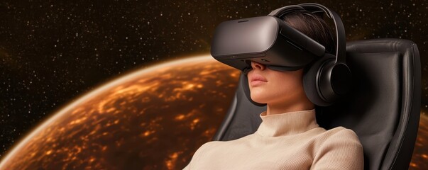 economy consumption sustainability concept. A woman experiences virtual reality against a cosmic background.