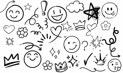 Smile brush hand drawn vector element set. crown symbol crayon texture marker background kid sketch style hand drawn element. Color smiley face, arrow. Emoji fun face, heart Vector illustration