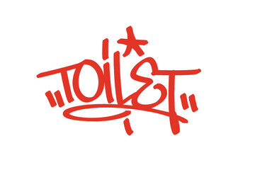 Graffiti tag “Toilet” in bold red lettering on transparent background. Urban street art style, perfect for daily essentials, bathroom design, and creative street culture projects.
