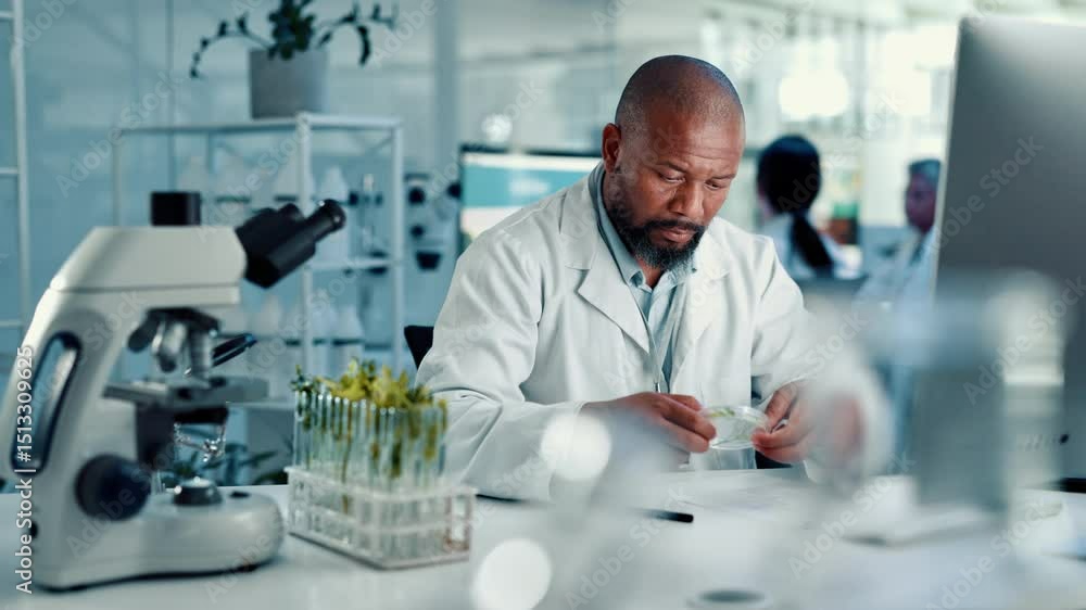 Poster lab, scientist and man with computer, plants and experiment for disease resistance and breakthrough.
