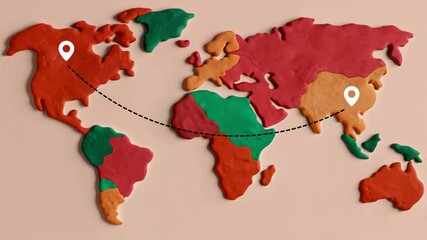 Playful Plasticine Model World Map with Pins, Red and Green, Geographical Representation words + concept