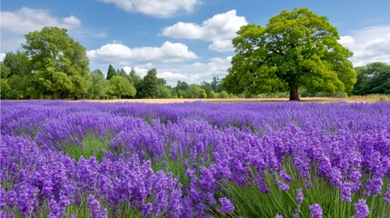 Obraz premium Vibrant Field of Lavender in Full Bloom Under Bright Blue Sky with Fluffy Clouds and Solitary Green Tree