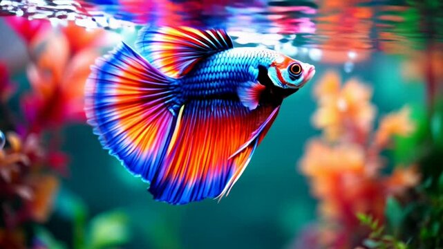 Close up of a colorful betta fish swimming in a vibrant coral reef aquarium