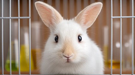 Obraz premium Close-Up of a White Rabbit in a Laboratory with Colorful Chemical Solutions in Background