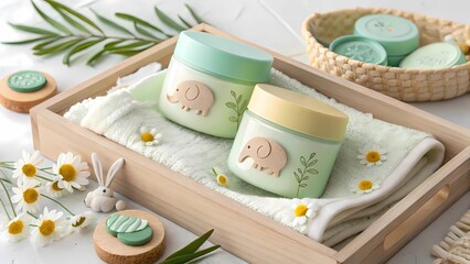 Eco-Friendly Baby Skincare Jars with Animal Lids on Wooden Tray
