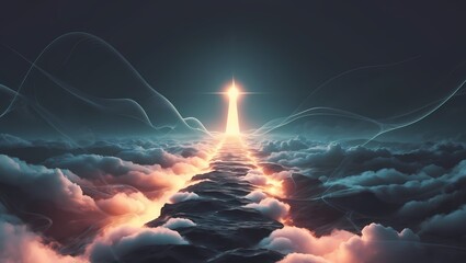 A sleek futuristic design showing a glowing path through a dark cloudy landscape the path leading to a bright warm light symbolizing the journey to mental clarity. Subtle fractal elements
