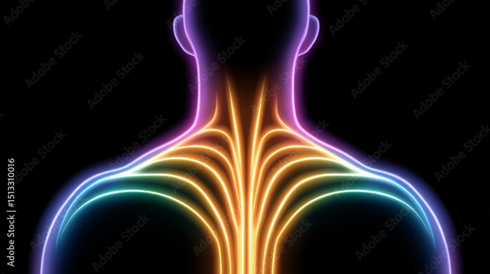 Poster isolated neon muscle structure of upper body displaying vibrant colors on a dark background