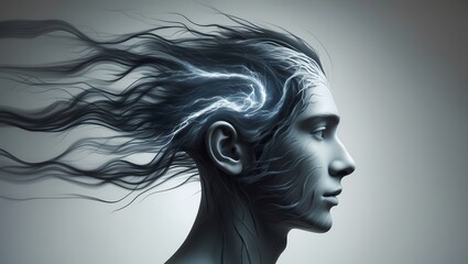 A stylized human head viewed in profile with dynamic storm-like lines swirling inside symbolizing internal chaos or intrusive thoughts. Dark cool tones inside the head soft neutral background sharp co