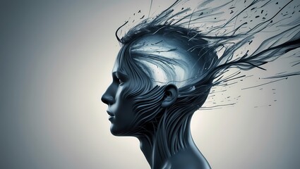 A stylized human head viewed in profile with dynamic storm-like lines swirling inside symbolizing internal chaos or intrusive thoughts. Dark cool tones inside the head soft neutral background sharp co
