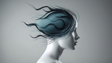 A stylized human head viewed in profile with dynamic storm-like lines swirling inside symbolizing internal chaos or intrusive thoughts. Dark cool tones inside the head soft neutral background sharp co