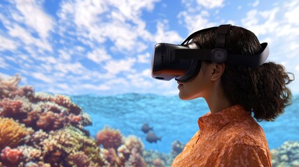 economy consumption sustainability concept. Experiencing virtual reality underwater with vibrant coral scenery.