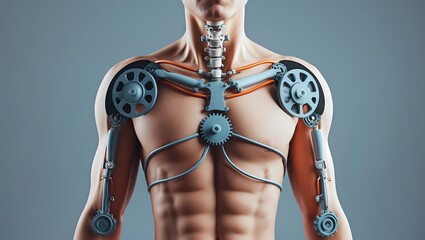 A stylized human upper body with mechanical joint overlays at the elbows shoulders and spine depicted as rotating gears and soft hydraulic lines. Soft blue/grey background modern tech-medical fusion s