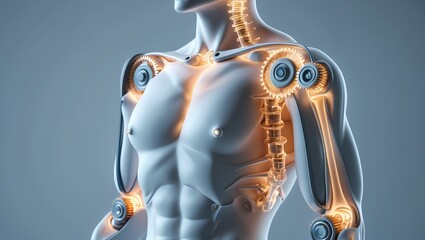 A stylized human upper body with mechanical joint overlays at the elbows shoulders and spine depicted as rotating gears and soft hydraulic lines. Soft blue/grey background modern tech-medical fusion s