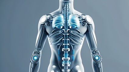 A stylized human upper body with mechanical joint overlays at the elbows shoulders and spine depicted as rotating gears and soft hydraulic lines. Soft blue/grey background modern tech-medical fusion s