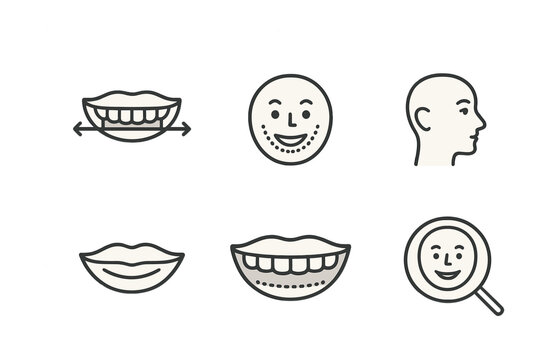 Outline with Fill style icons of patient smile analysis: smile symmetry tool, incisal curve trace, midline check, facial profile icon, lip mobility, gingival display, smile grid, aesthetic analyzer.