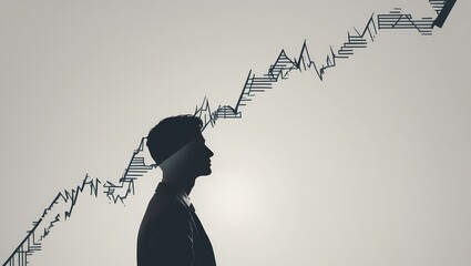 A symbolic graph line descending from left to right over a fading silhouette of a person. The line becomes broken and jagged toward the end symbolizing burnout or depression. Modern