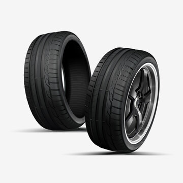 Two car tires on a white background