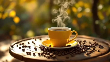 Fototapete Rund Yellow cup of hot coffee. Close up  © astaszczyk