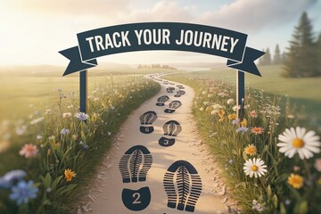 Footprints on a path with a banner reading track your journey symbolizing progress and goals