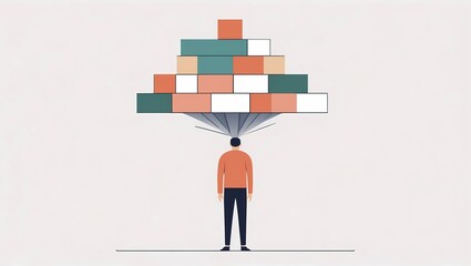 An abstract human figure standing under a pile of geometric blocks stacked above them representing mental pressure. Each block is uniquely shaped. Clean editorial illustration muted color palette whit