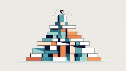 An abstract human figure standing under a pile of geometric blocks stacked above them representing mental pressure. Each block is uniquely shaped. Clean editorial illustration muted color palette whit