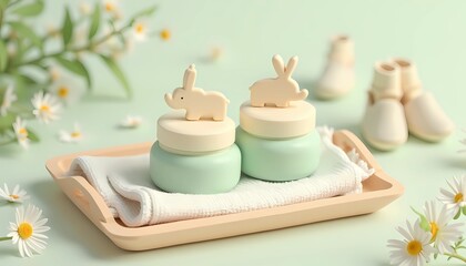 Eco-Friendly Baby Skincare Jars with Animal Lids on Wooden Tray