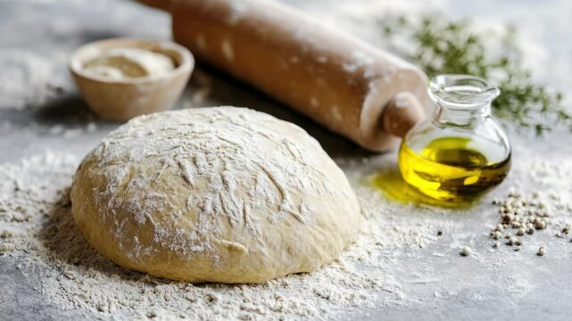 Freshly baked bread and rolling pin on a table, ready for use in baking or cooking