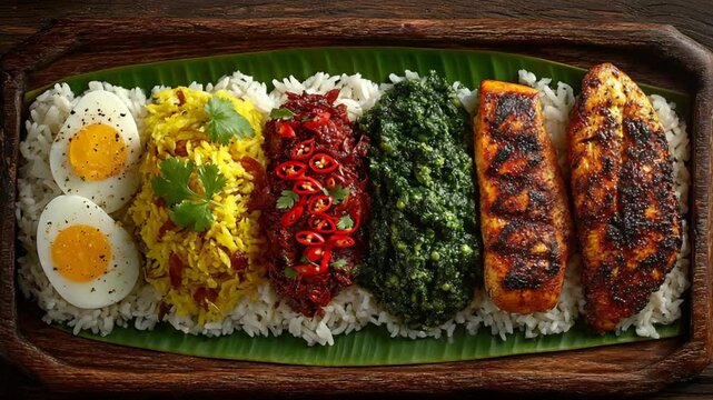 Delicious Nasi Lemak Feast: Authentic Malaysian Cuisine with Rice, Egg, Fish, Vegetables