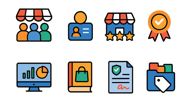 Flat vector icons of marketplace features: multi-vendor icon, seller profile, shop rating, seller badge, seller dashboard, product catalog, vendor contract, store categories.