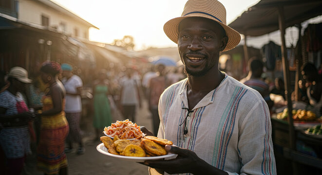 Haitian griot with pikliz and fried plantains in a bustling open-air market 