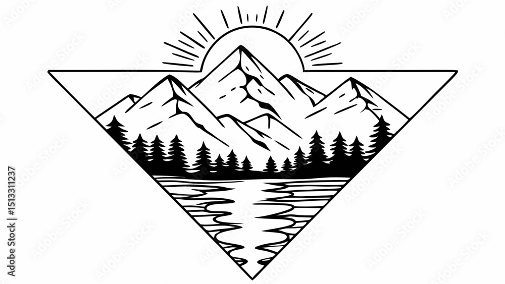 Poster geometric mountain range with sun and lake reflection framed in triangle outline design vector art c