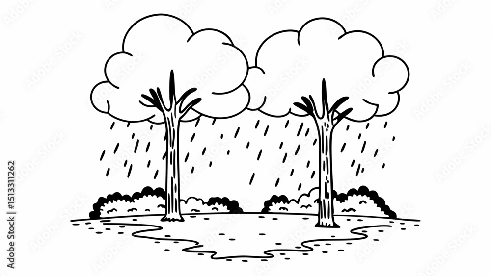 Poster illustration of two trees in the rain with bushes and puddles in a black and white drawing style cre