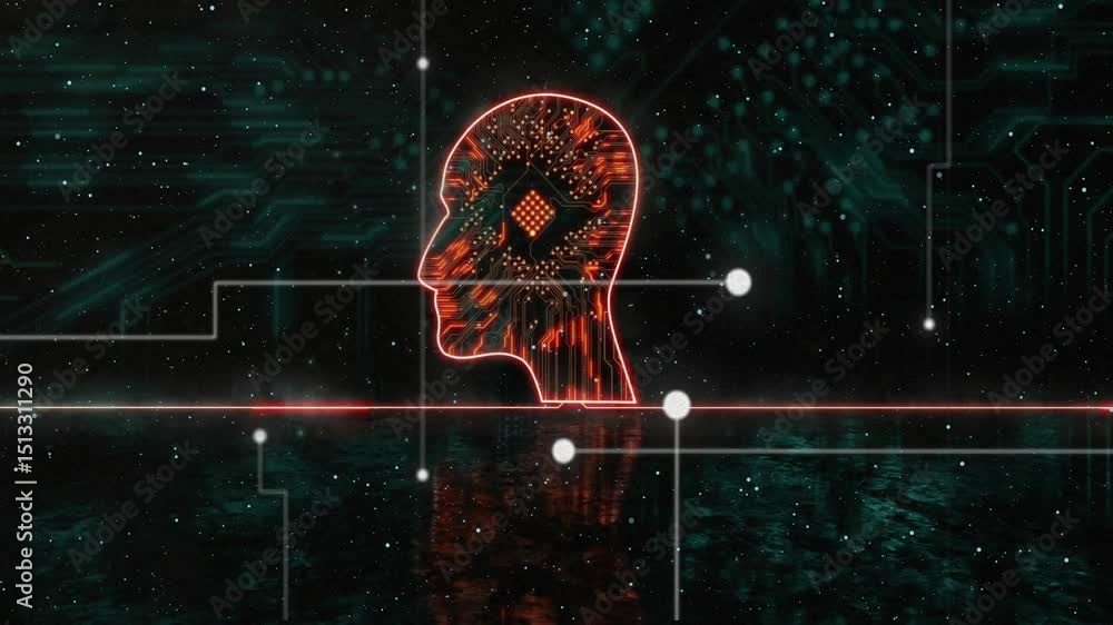 Poster white node appearing on left gliding under neon head silhouette ascending lines for data scanning